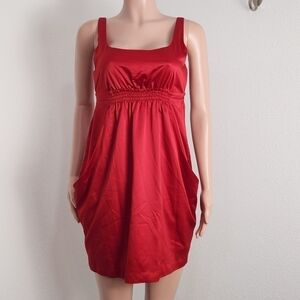𝅺BCBG Red Mini Satin Pockets Empire Waist Thick Strap Dress Sz S